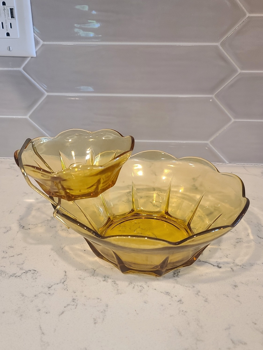 Amber Glass Serving Bowl with Attached Dip Cup